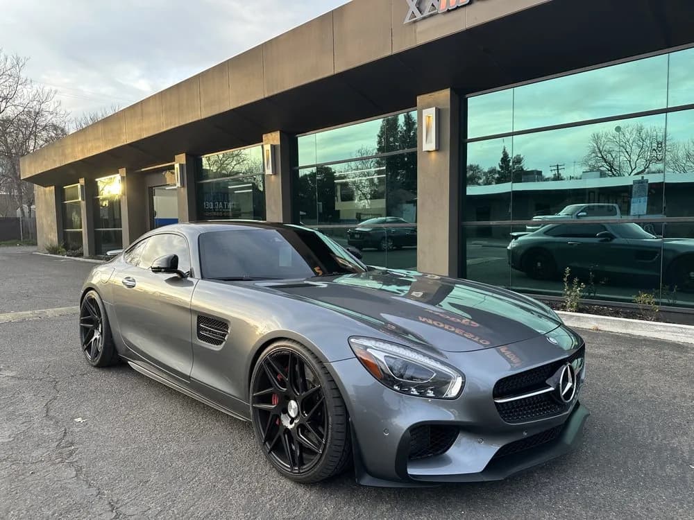 Silver Mercedes AMG GT with professional window tinting