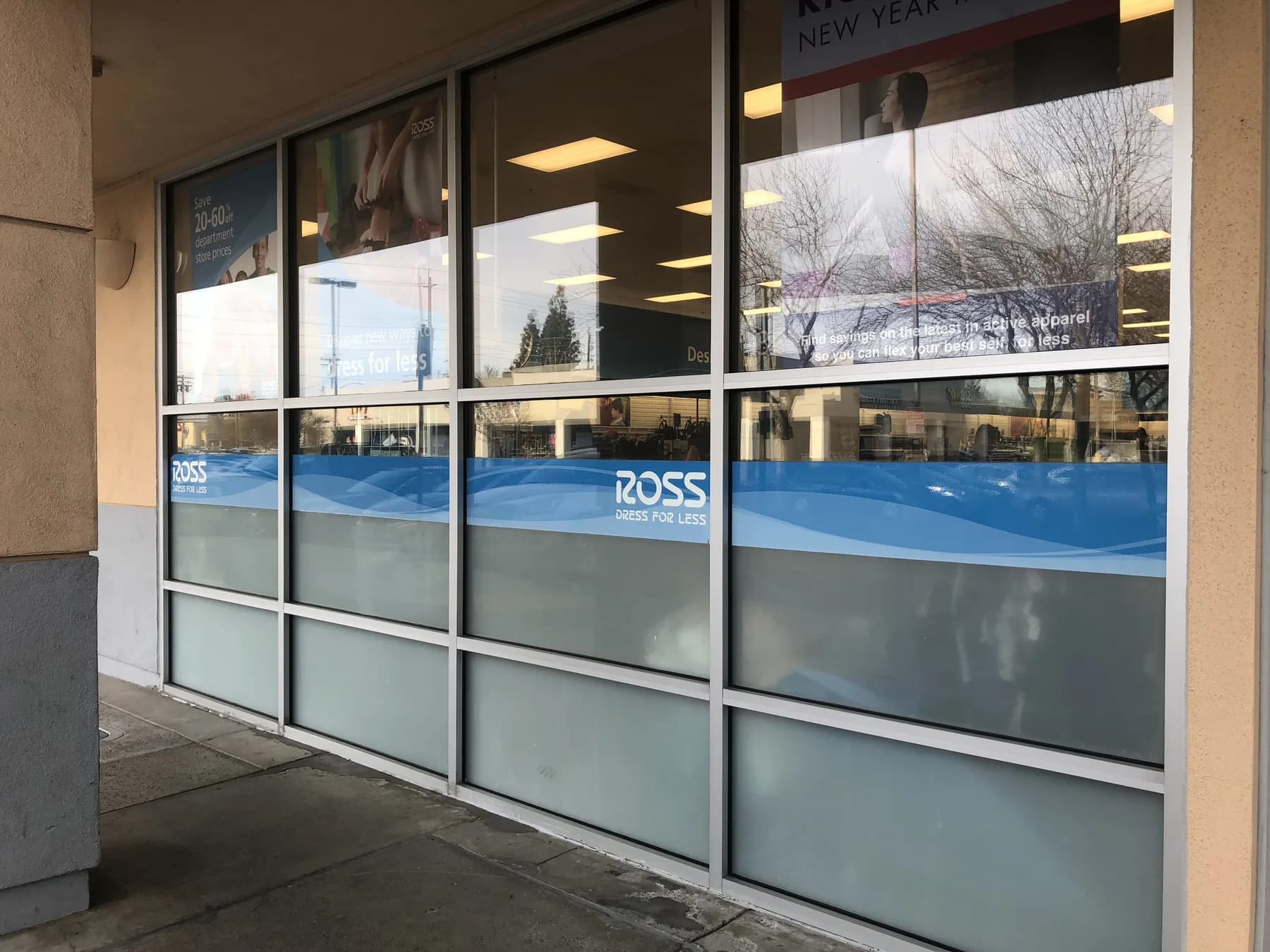 Ross Dress for Less storefront in Modesto with frosted and decorative window film banding