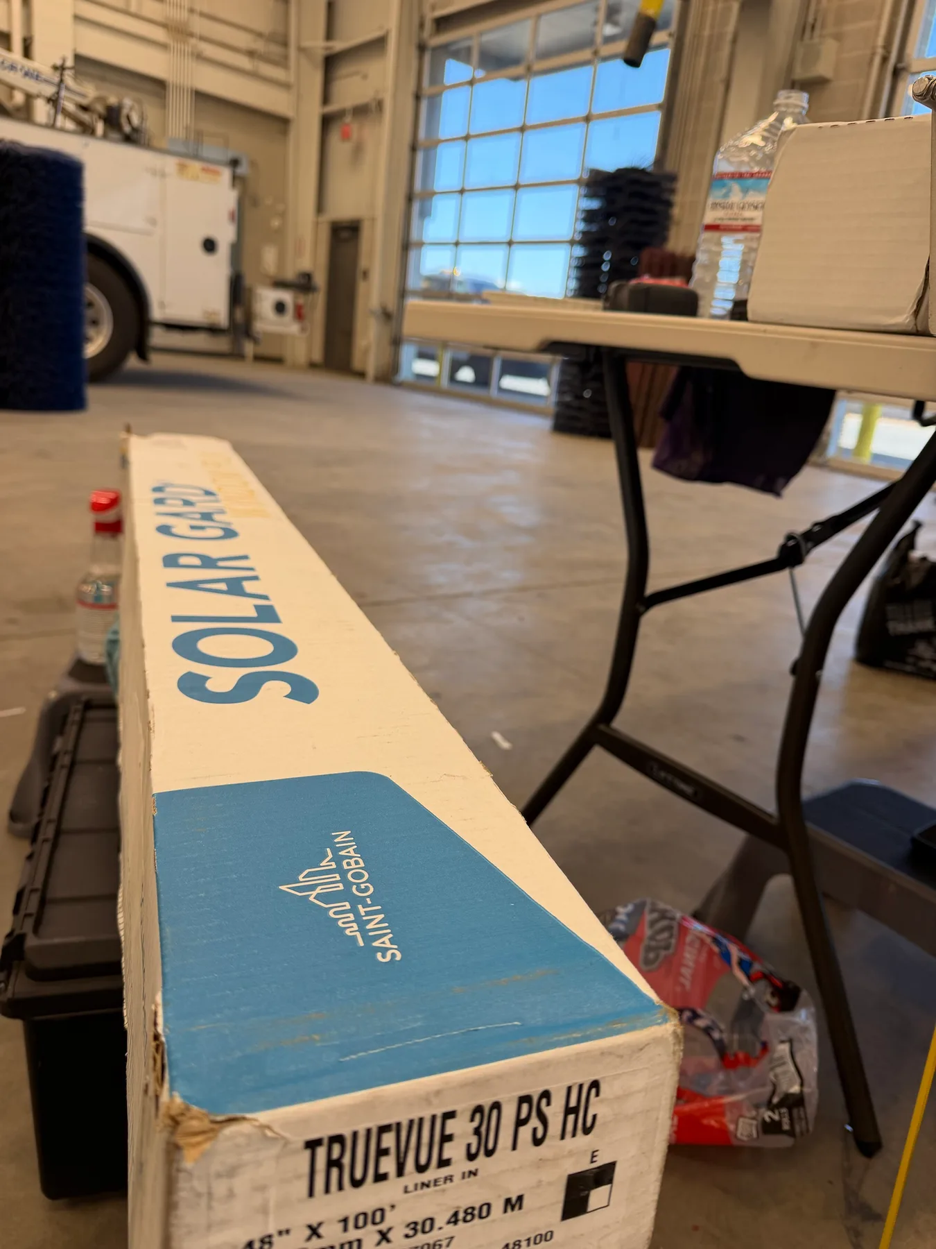 Box of Solar Gard TrueVue 30 window film by Saint-Gobain on site at the Stanislaus County Public Works install